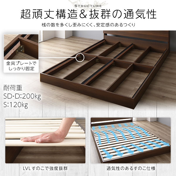 ベッド 日本製 低床 フロア ロータイプ 木製 照明付き 宮付き 棚付き コンセント付き シンプル モダン ブラウン セミシングル 